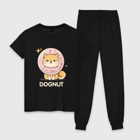Женская пижама хлопок с принтом DOgNUT , 100% хлопок | брюки и футболка прямого кроя, без карманов, на брюках мягкая резинка на поясе и по низу штанин | акита | детский | лапочка | милый | мимими | пес | пончик | собака | хаски | щенок