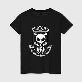 Женская футболка хлопок с принтом Burton`s School Of Nightmares , 100% хлопок | прямой крой, круглый вырез горловины, длина до линии бедер, слегка спущенное плечо | бёртон | герб | депп | джони деп | кино | логотип | режиссер | тим бертон | фильм | школа