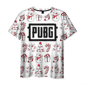 Мужская футболка 3D с принтом Новогодний PUBG , 100% полиэфир | прямой крой, круглый вырез горловины, длина до линии бедер | battle | chicken | dinner | winner | битва | год | королевская | новый | подарок | снеговик