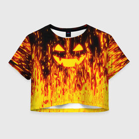 Женская футболка Cropp-top с принтом FIRE PUMPKIN , 100% полиэстер | круглая горловина, длина футболки до линии талии, рукава с отворотами | fire | halloween | искры | огонь | праздник | тыква | хэллоуин