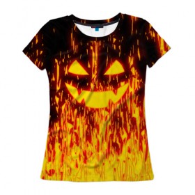Женская футболка 3D с принтом FIRE PUMPKIN , 100% полиэфир ( синтетическое хлопкоподобное полотно) | прямой крой, круглый вырез горловины, длина до линии бедер | fire | halloween | искры | огонь | праздник | тыква | хэллоуин