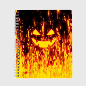 Тетрадь с принтом FIRE PUMPKIN , 100% бумага | 48 листов, плотность листов — 60 г/м2, плотность картонной обложки — 250 г/м2. Листы скреплены сбоку удобной пружинной спиралью. Уголки страниц и обложки скругленные. Цвет линий — светло-серый
 | fire | halloween | искры | огонь | праздник | тыква | хэллоуин