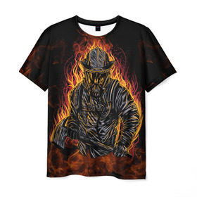 Мужская футболка 3D с принтом Пожарный , 100% полиэфир | прямой крой, круглый вырез горловины, длина до линии бедер | 112 | каска | мужик | мчс | огонь | пламя | пожар | пожарник | спасатель | топор | тушить | шлем | щит