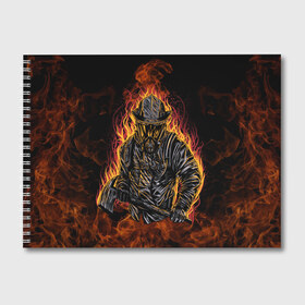 Альбом для рисования с принтом Пожарный , 100% бумага
 | матовая бумага, плотность 200 мг. | Тематика изображения на принте: 112 | каска | мужик | мчс | огонь | пламя | пожар | пожарник | спасатель | топор | тушить | шлем | щит