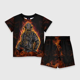 Детский костюм с шортами 3D с принтом Пожарный ,  |  | 112 | каска | мужик | мчс | огонь | пламя | пожар | пожарник | спасатель | топор | тушить | шлем | щит