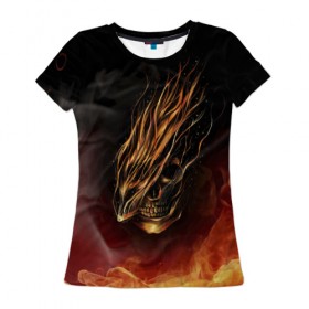 Женская футболка 3D с принтом Огненный Череп , 100% полиэфир ( синтетическое хлопкоподобное полотно) | прямой крой, круглый вырез горловины, длина до линии бедер | 