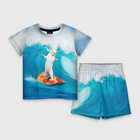 Детский костюм с шортами 3D с принтом Кот Серфер ,  |  | Тематика изображения на принте: cat | fast | fastfood | food | meme | party | pizza | sea | serf | wave | вечеринка | волна | еда | кошак | кошка | мем | море | пицца | серф | фастфуд