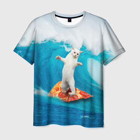 Мужская футболка 3D с принтом Кот Серфер , 100% полиэфир | прямой крой, круглый вырез горловины, длина до линии бедер | cat | fast | fastfood | food | meme | party | pizza | sea | serf | wave | вечеринка | волна | еда | кошак | кошка | мем | море | пицца | серф | фастфуд