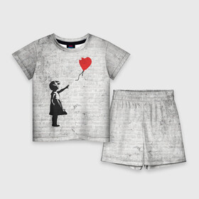 Детский костюм с шортами 3D с принтом Бэнкси: Девочка с Шаром ,  |  | Тематика изображения на принте: art | balloon | banksy | culture | girl | graffity | heart | hearts | red | арт | бэнкси | граффити | девочка | девочка с шаром | красный | красным | культура | сердечки | сердечко | сердце | стрит | шар | шарик | шариком