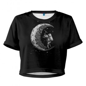 Женская футболка Cropp-top с принтом Астронавт формирует луну , 100% полиэстер | круглая горловина, длина футболки до линии талии, рукава с отворотами | землекоп | камни | кирка | космонавт | космос | луна | небо | ночь | руда. добыча | рудокоп. | скала | скафандр | шлем