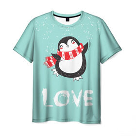 Мужская футболка 3D с принтом Пингвин LOVE , 100% полиэфир | прямой крой, круглый вырез горловины, длина до линии бедер | linux | детская | зима | зимняя | лёд | новый год | пингвин | пингвин в снегу | пингвин в шарфе | пингвин любовь | пингвинчик | пингвины | северный полюс | снег | холод