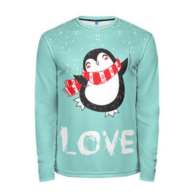 Мужской лонгслив 3D с принтом Пингвин LOVE , 100% полиэстер | длинные рукава, круглый вырез горловины, полуприлегающий силуэт | Тематика изображения на принте: linux | детская | зима | зимняя | лёд | новый год | пингвин | пингвин в снегу | пингвин в шарфе | пингвин любовь | пингвинчик | пингвины | северный полюс | снег | холод