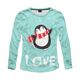 Женский лонгслив 3D с принтом Пингвин LOVE , 100% полиэстер | длинные рукава, круглый вырез горловины, полуприлегающий силуэт | linux | детская | зима | зимняя | лёд | новый год | пингвин | пингвин в снегу | пингвин в шарфе | пингвин любовь | пингвинчик | пингвины | северный полюс | снег | холод