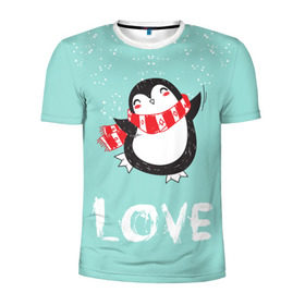 Мужская футболка 3D спортивная с принтом Пингвин LOVE , 100% полиэстер с улучшенными характеристиками | приталенный силуэт, круглая горловина, широкие плечи, сужается к линии бедра | Тематика изображения на принте: linux | детская | зима | зимняя | лёд | новый год | пингвин | пингвин в снегу | пингвин в шарфе | пингвин любовь | пингвинчик | пингвины | северный полюс | снег | холод