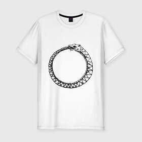 Мужская футболка премиум с принтом Уроборос , 92% хлопок, 8% лайкра | приталенный силуэт, круглый вырез ворота, длина до линии бедра, короткий рукав | алхимия | бесконечность | вечность | дракон | змей | мифология | символ | уроборос | эпос