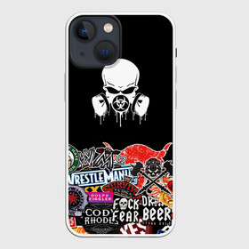 Чехол для iPhone 13 mini с принтом sticker bombing ,  |  | Тематика изображения на принте: sticker bombing | радиация | стикер | череп