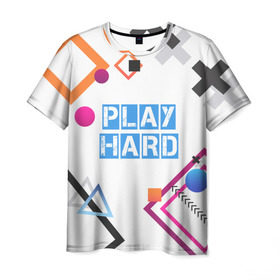 Мужская футболка 3D с принтом Play hard , 100% полиэфир | прямой крой, круглый вырез горловины, длина до линии бедер | 