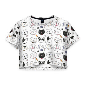 Женская футболка 3D укороченная с принтом Зверушки , 100% полиэстер | круглая горловина, длина футболки до линии талии, рукава с отворотами | кот | кошка | медведь | панда | пес | поросенок | свинья | собака
