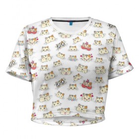Женская футболка 3D укороченная с принтом Няшные котики , 100% полиэстер | круглая горловина, длина футболки до линии талии, рукава с отворотами | аниме | кот | котики | кошки | няшки