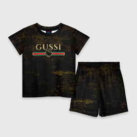Детский костюм с шортами 3D с принтом GUSSI GOLD ,  |  | Тематика изображения на принте: fasion | gold | gucci | gussi | trend | гусси | гуччи | золото | золотой | мода | одежда | тренд | тренды