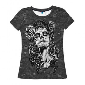 Женская футболка 3D с принтом Sugar girl , 100% полиэфир ( синтетическое хлопкоподобное полотно) | прямой крой, круглый вырез горловины, длина до линии бедер | Тематика изображения на принте: death | dia | helloween | witch | праздник | хелоуин | хэллоуин | череп