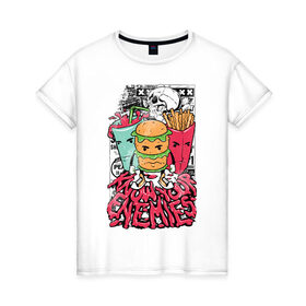 Женская футболка хлопок с принтом Angry Food , 100% хлопок | прямой крой, круглый вырез горловины, длина до линии бедер, слегка спущенное плечо | бургер | газировка | граффити | еда | картошка | крест | рок | череп