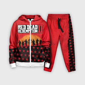 Детский костюм 3D с принтом Red Dead Redemption 2 ,  |  | dead | die | flag | game | games | gta | rdr | rdr2 | red | redemption | rockstar | sun | sunset | western | вестерн | выкуп | гта | дикий | закат | запад | игра | игры | красный | мертвый | поле | рдр | рдр2 | рокстар | солнце
