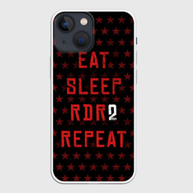 Чехол для iPhone 13 mini с принтом Eat Sleep RDR2 Repeat ,  |  | Тематика изображения на принте: dead | die | eat | flag | game | games | gta | rdr | rdr2 | red | redemption | repeat | rockstar | sleep | sun | western | вестерн | выкуп | гта | дикий | запад | игра | игры | красный | мертвый | рдр | рдр2 | рокстар | солнце