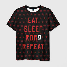Мужская футболка 3D с принтом Eat Sleep RDR2 Repeat , 100% полиэфир | прямой крой, круглый вырез горловины, длина до линии бедер | dead | die | eat | flag | game | games | gta | rdr | rdr2 | red | redemption | repeat | rockstar | sleep | sun | western | вестерн | выкуп | гта | дикий | запад | игра | игры | красный | мертвый | рдр | рдр2 | рокстар | солнце