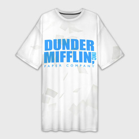 Платье-футболка 3D с принтом Dunder Mifflin (The Office) ,  |  | Тематика изображения на принте: company | dunder | inc | mifflin | office | paper | the | бумага | бумаги | бумажная | дандер | компания | контора | корпорация | листочки | листы | лого | логотип | миффлин | офис | оффис | сериал | сериалы | символ | синий