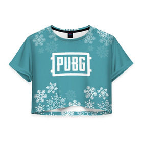 Женская футболка 3D укороченная с принтом PUBG Новогодний , 100% полиэстер | круглая горловина, длина футболки до линии талии, рукава с отворотами | 