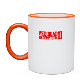 Кружка двухцветная с принтом Red Dead Redemption 2 , керамика | объем — 330 мл, диаметр — 80 мм. Цветная ручка и кайма сверху, в некоторых цветах — вся внутренняя часть | game | logo | rdr2 | red dead redemption 2 | rockstar studios | игры | логотип