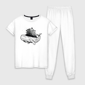 Женская пижама хлопок с принтом Whale forest , 100% хлопок | брюки и футболка прямого кроя, без карманов, на брюках мягкая резинка на поясе и по низу штанин | абстракция | кит | лес | природа