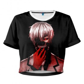 Женская футболка Cropp-top с принтом Ken Kaneki , 100% полиэстер | круглая горловина, длина футболки до линии талии, рукава с отворотами | anime | blood | eyepatch | ghoul | kaneki | ken | one eyed | tokyo | tokyoghoul | гуль | канеки | кен | кровь | одноглазый | токийский