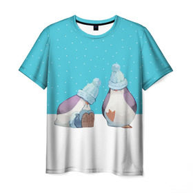 Мужская футболка 3D с принтом Милые пингвинчики , 100% полиэфир | прямой крой, круглый вырез горловины, длина до линии бедер | christmas | new | pinguin | snow | snowflakes | winter | xmas | year | год | зима | новый | пингвин | рождество | снег | снежинки
