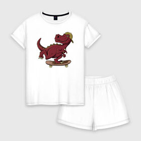 Женская пижама с шортиками хлопок с принтом Динозавр , 100% хлопок | футболка прямого кроя, шорты свободные с широкой мягкой резинкой | динозавр | рекс | скейт