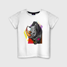 Детская футболка хлопок с принтом Носорог , 100% хлопок | круглый вырез горловины, полуприлегающий силуэт, длина до линии бедер | 