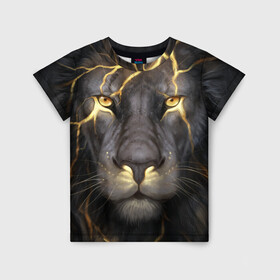 Детская футболка 3D с принтом Лев с молнией , 100% гипоаллергенный полиэфир | прямой крой, круглый вырез горловины, длина до линии бедер, чуть спущенное плечо, ткань немного тянется | глаза | гроза | зверь | король | кот | кошка | прайд | царь | шрам