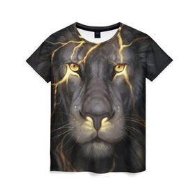 Женская футболка 3D с принтом Лев с молнией , 100% полиэфир ( синтетическое хлопкоподобное полотно) | прямой крой, круглый вырез горловины, длина до линии бедер | глаза | гроза | зверь | король | кот | кошка | прайд | царь | шрам