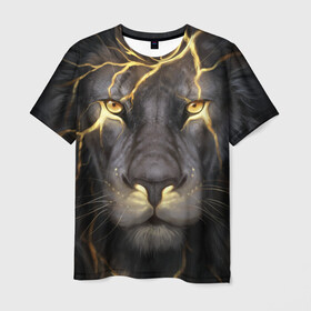 Мужская футболка 3D с принтом Лев с молнией , 100% полиэфир | прямой крой, круглый вырез горловины, длина до линии бедер | глаза | гроза | зверь | король | кот | кошка | прайд | царь | шрам