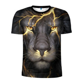 Мужская футболка 3D спортивная с принтом Лев с молнией , 100% полиэстер с улучшенными характеристиками | приталенный силуэт, круглая горловина, широкие плечи, сужается к линии бедра | глаза | гроза | зверь | король | кот | кошка | прайд | царь | шрам