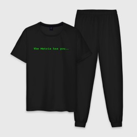 Мужская пижама хлопок с принтом The Matrix has you... , 100% хлопок | брюки и футболка прямого кроя, без карманов, на брюках мягкая резинка на поясе и по низу штанин
 | matrix | андерсон | киану | код | компьютер. монитор. пк | матрица | послание | ривз | сообщение | томас