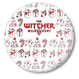 Значок с принтом The Witcher Новогодний ,  металл | круглая форма, металлическая застежка в виде булавки | wild hunt | арбалет | ведьмак 3 | геральт | год | дикая | магия | новый | охота | снег | цири