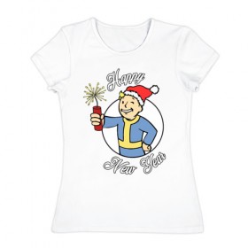 Женская футболка хлопок с принтом Vault boy: happy new year , 100% хлопок | прямой крой, круглый вырез горловины, длина до линии бедер, слегка спущенное плечо | 