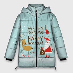 Женская зимняя куртка 3D с принтом олень и Дед Мороз , верх — 100% полиэстер; подкладка — 100% полиэстер; утеплитель — 100% полиэстер | длина ниже бедра, силуэт Оверсайз. Есть воротник-стойка, отстегивающийся капюшон и ветрозащитная планка. 

Боковые карманы с листочкой на кнопках и внутренний карман на молнии | 