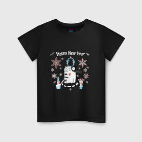 Детская футболка хлопок с принтом Котейко Счастливый Новый год , 100% хлопок | круглый вырез горловины, полуприлегающий силуэт, длина до линии бедер | котики | коты | кошки | новый год