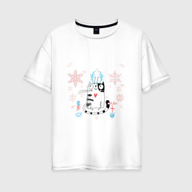 Женская футболка хлопок Oversize с принтом Котейко Счастливый Новый год , 100% хлопок | свободный крой, круглый ворот, спущенный рукав, длина до линии бедер
 | котики | коты | кошки | новый год