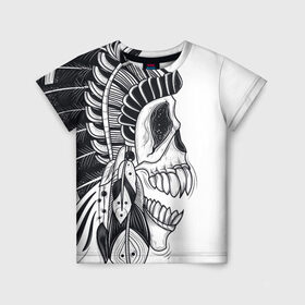 Детская футболка 3D с принтом Индейский демон , 100% гипоаллергенный полиэфир | прямой крой, круглый вырез горловины, длина до линии бедер, чуть спущенное плечо, ткань немного тянется | Тематика изображения на принте: indian | skeleton | skull | демон | индеец | перья | скелет | череп