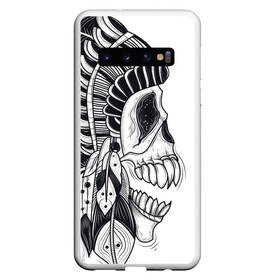 Чехол для Samsung Galaxy S10 с принтом Индейский демон , Силикон | Область печати: задняя сторона чехла, без боковых панелей | indian | skeleton | skull | демон | индеец | перья | скелет | череп