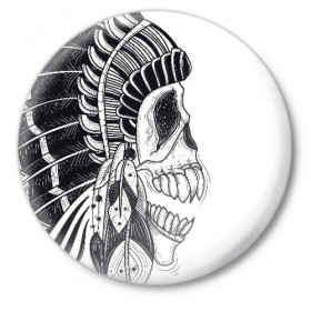Значок с принтом Индейский демон ,  металл | круглая форма, металлическая застежка в виде булавки | Тематика изображения на принте: indian | skeleton | skull | демон | индеец | перья | скелет | череп